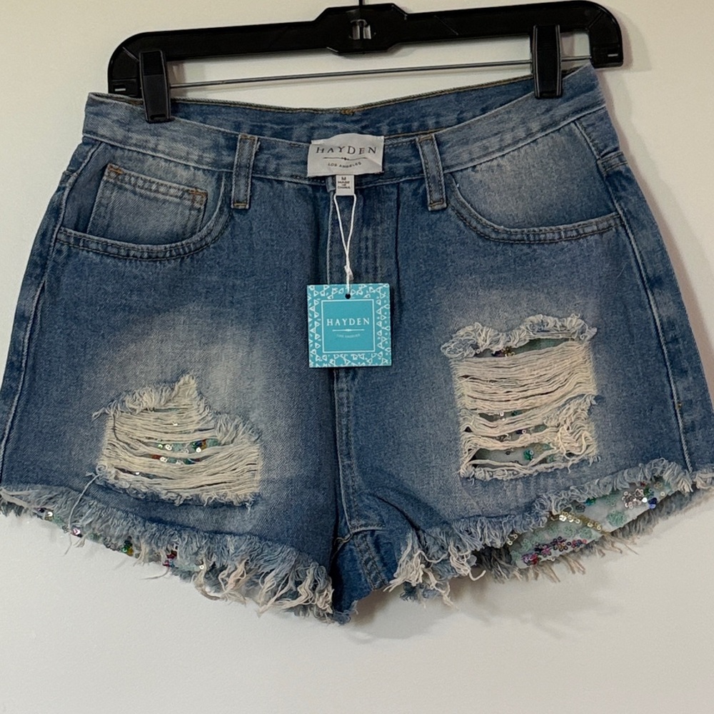 Hayden Light/Medium Blue Distressed Denim Shorts with Sequin Accent